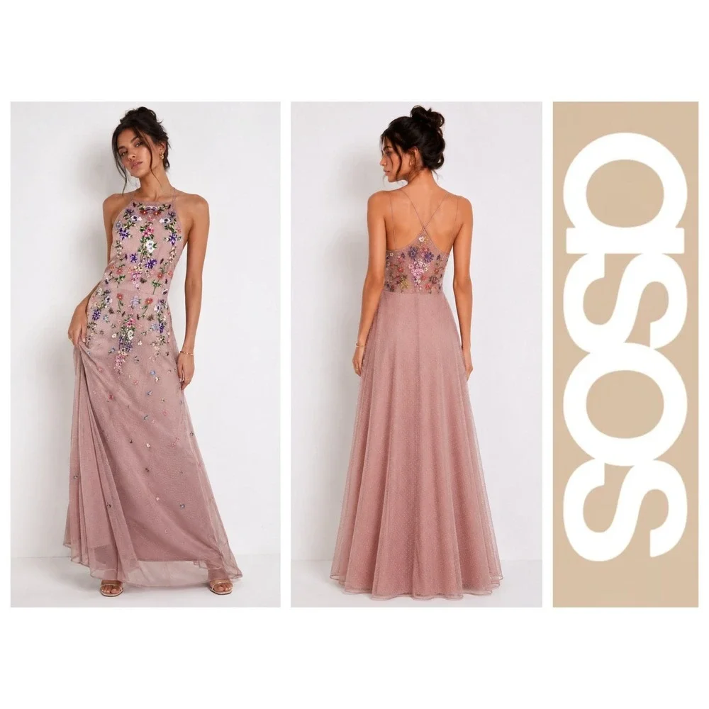 ASOS Dusty Rose Floral Sequin Halter Maxi Dress